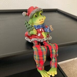 Festive Frog Figurine with Plaid Pants